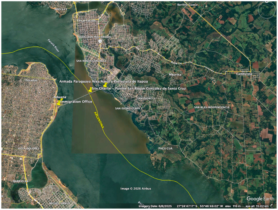 Site Charlie — Google Earth overview with bridge and informal point marked